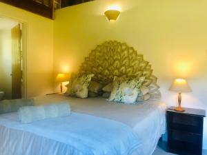 a bedroom with a large bed with a large headboard at Frog Mountain Getaway in Swellendam