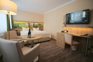 a hotel room with a bed and a tv at Hotel Garni Harzresidenz in Thale