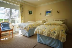 a bedroom with two beds and a chair and a window at Tattykeel House in Omagh