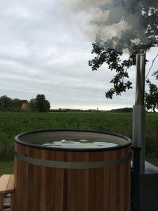 a hot tub in a barrel in a field at Hof Olmenstein in Goes