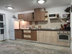 a kitchen with wooden cabinets and a white refrigerator at Casa Lucky in Râşnov