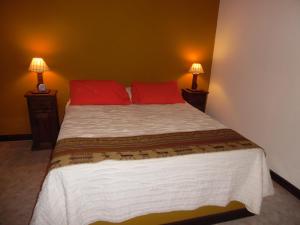 a bedroom with a bed with red pillows and two lamps at Casas de Campo Los Corralitos in Mendoza