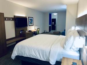 コーパスクリスティにあるHoliday Inn Express & Suites Corpus Christi, an IHG Hotelのベッド1台、薄型テレビが備わるホテルルームです。