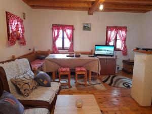 sala de estar con mesa y ordenador portátil. en Holiday Home Ema, en Plešin