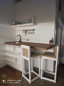 cocina con fregadero y escritorio con 2 sillas en Apartments Carica, en Novi Sad