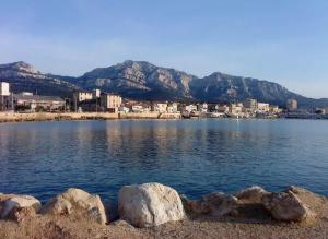 a large body of water with mountains in the background at Appartement la plage in Marseille