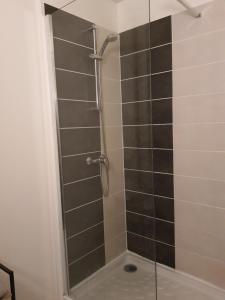 a shower stall with a glass door with a shower at Appartement la plage in Marseille