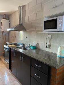 a kitchen with a sink and a microwave at Casa Nuova Depto CUATRO in Villa María