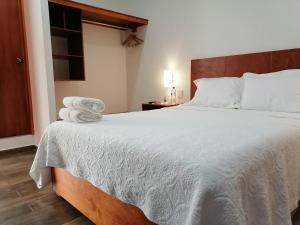 1 dormitorio con 1 cama grande con colcha blanca en HOTEL ANTHURIUM, en Jalcomulco