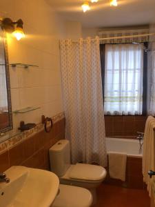 ein Badezimmer mit einem WC, einem Waschbecken und einer Badewanne in der Unterkunft Apartamentos y Casas de Aldea La Pornacal in Villar de Vildas