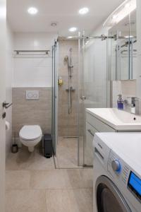 a bathroom with a shower and a toilet and a washing machine at Apartment Mariazell Bürgeralpe in Mariazell