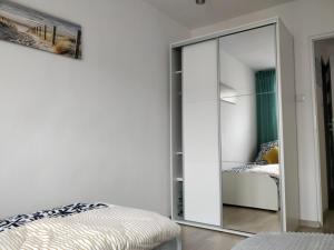 a bedroom with a large mirror and a bed at Apartament Hel Leśna 8 in Hel