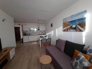 a living room with a couch and a kitchen at Apartament Hel Leśna 8 in Hel