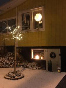 Lägenhet centralt i Värnamo vid Apladalen في فارنامو: شجرة عيد الميلاد مع أضواء أمام المنزل