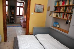 a bedroom with a bed and a book shelf at Green Tree Apartment in Pécs