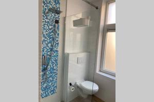 a bathroom with a toilet and a glass shower at Magnifique Studio au 2ème étage, à proximité de la gare du midi! in Brussels