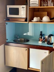 a kitchen with a microwave, sink, and dishwasher at Medusa Hotel Sydney in Sydney