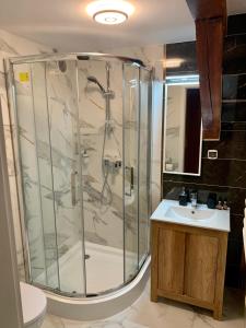 a bathroom with a shower and a sink at Kamienica Biała in Kazimierz Dolny
