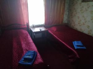 una camera con letto rosso e finestra di Hotel Lotos a Irkutsk