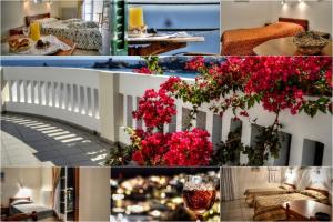 a collage of photos of a house with red flowers at Vassiliki Studios in Andros