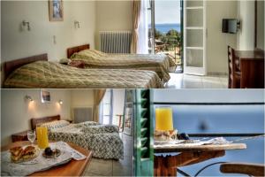two pictures of a hotel room with two beds at Vassiliki Studios in Andros