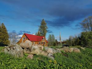 a house with a red roof and a pile of rocks at Hinni Talu Puhkemaja in Mõksi