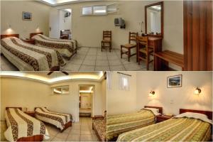 two pictures of a hotel room with beds and a desk at Vassiliki Studios in Andros