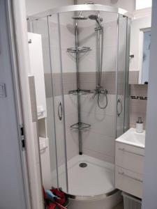 a bathroom with a shower and a sink at Apartament Hel Leśna 8 in Hel
