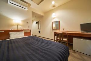 a hotel room with a bed and a desk and a television at Hotel First Stay Amagasaki in Amagasaki