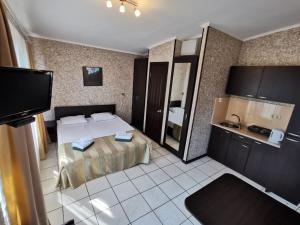 pokój hotelowy z łóżkiem i telewizorem w obiekcie Zeleny Mis w mieście Ałupka