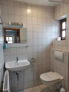 a bathroom with a sink and a toilet at Pension Nachtigall in Gottfrieding