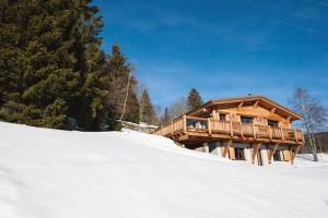 a wooden cabin in the snow with trees at L'instant chalet Lodge 17 in Gérardmer