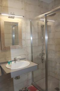 y baño con lavabo y ducha. en Hotel Torre del Oro en La Rinconada