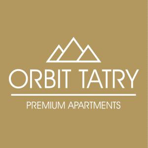 un logo pour un établissement dont les montagnes sont en arrière-plan dans l'établissement ORBIT TATRY Apartments, Starý Smokovec, Vysoké Tatry, à Starý Smokovec