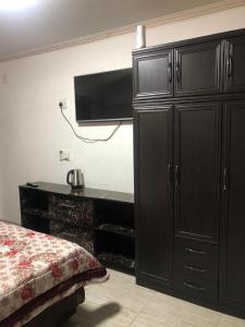 1 dormitorio con un gran armario negro y TV en Whitehouse Lodge, en Benoni