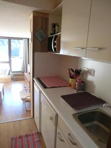 - une cuisine avec un évier et un comptoir dans l'établissement Appartement studio front de neige, accès direct aux pistes, à Isola 2000
