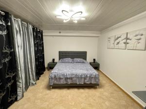 une chambre avec un lit et un plafond dans l'établissement Appartement dans maison à Corbelin proche Walibi, à Corbelin
