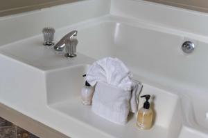 a bathroom sink with towels and soap on it at The Blanchard Guest Home in Dundee +11 photos