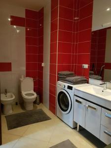 a bathroom with a washer and a toilet and a sink at NoMi Central Apartment in Târgu-Mureş +5 photos