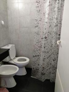 a bathroom with a toilet and a shower curtain at Monoambiente confortable a pasos de Bv. Oroño in Rosario