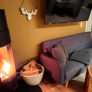 a living room with a purple couch and a candle at business-lodging Apartmenthaus in Höhr-Grenzhausen +19 photos
