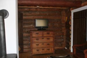 un televisor sentado en la parte superior de un tocador en una habitación en Miškiniškės, en Ignalina