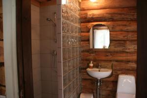 a bathroom with a sink and a shower with wooden walls at Miškiniškės in Ažvinčiai +42 photos