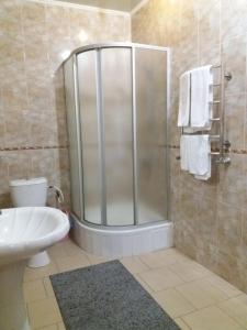a bathroom with a shower with a toilet and a sink at Hotel Kiev-S in Zhashkiv