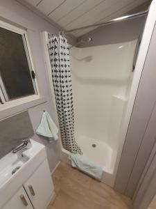 a bathroom with a shower and a sink at Trangie Caravan Park in Trangie
