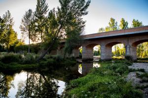 eine Brücke über einen Wasserkörper mit Bäumen in der Unterkunft Hotel Rural El Jardin in Aldea del Fresno