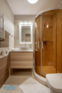 a bathroom with a shower and a sink at Apartamenty BlueSky - Przemysłowa in Karpacz