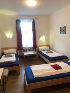 a room with two beds and a window at Hotel Pension Schmellergarten in Munich