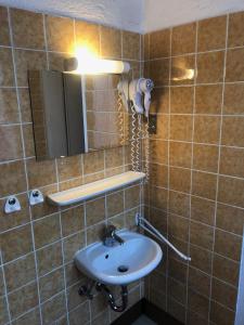 a bathroom with a sink and a mirror at Hotel Pension Schmellergarten in Munich