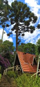 モンテ・ヴェルデにあるPousada Perola da Mantiqueiraのオレンジの屋根と木のある家